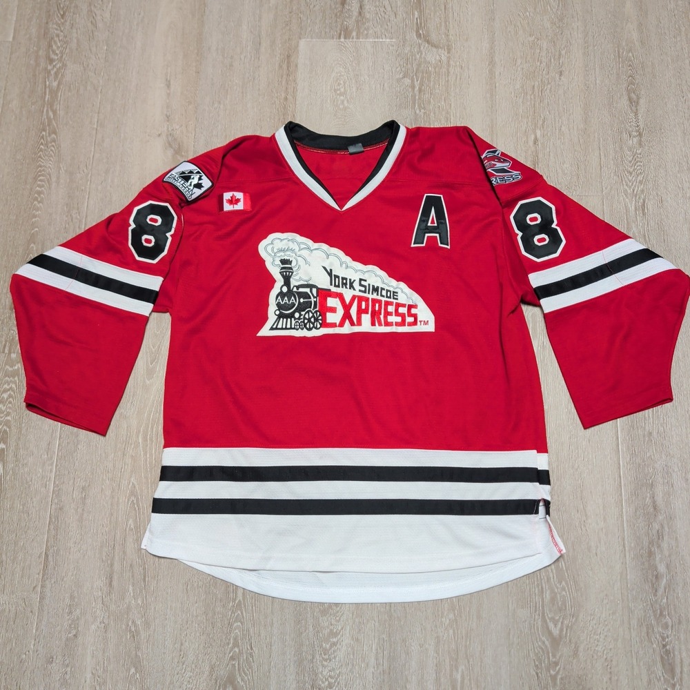Vintage Kobe York Simcoe Express Hockey Jersey Mens Large Red AAA Weirsema #88